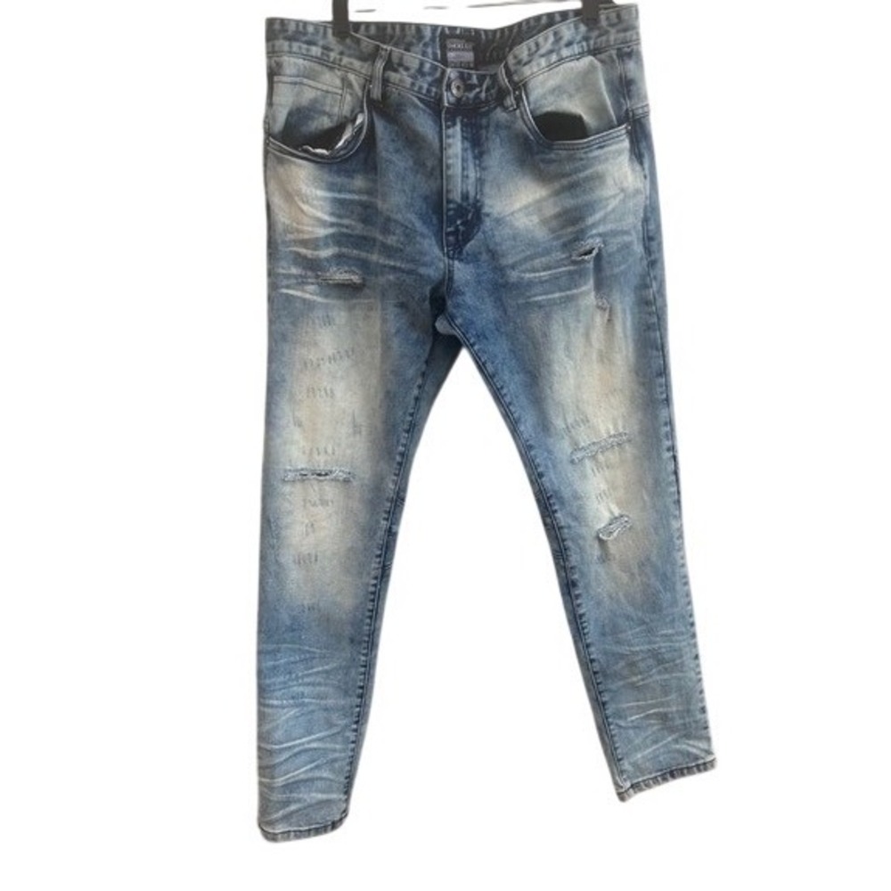 Smoke Rise Mens Distressed Moto Jeans Blue Acid Wash Slim Fit‎ 36x32 RN 82930
